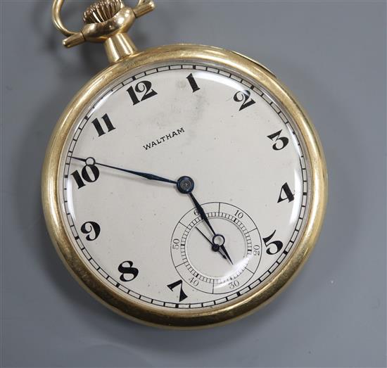 A Waltham 14k keyless dress pocket watch, with Arabic dial and subsidiary seconds.